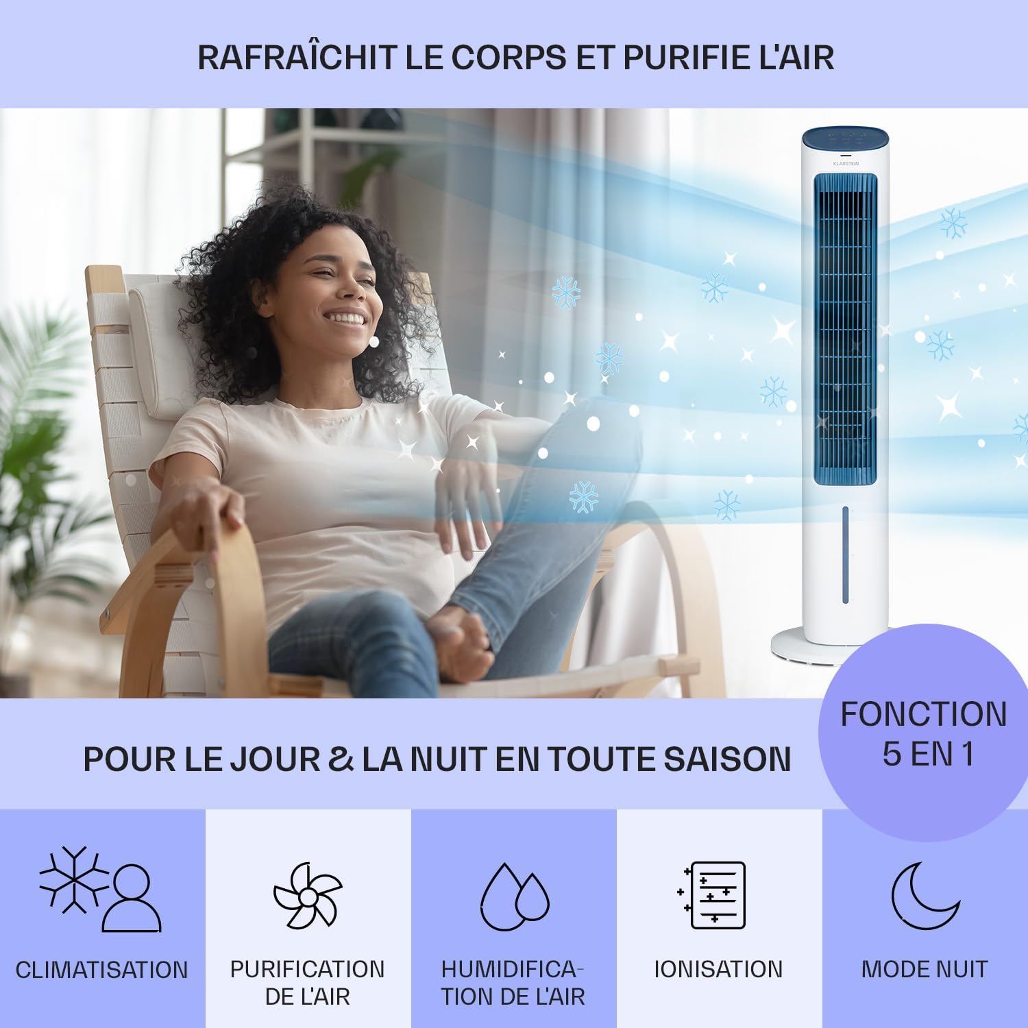 Klarstein Rafraichisseur d'Air Mobile 5-en-1, Ioniseur, Refroidisseur d'Air par Evaporation, Silencieux avec Mode Nuit, Humidificateur, Ventilateur, Purificateur, 50W, Débit d'air de 360m³/h