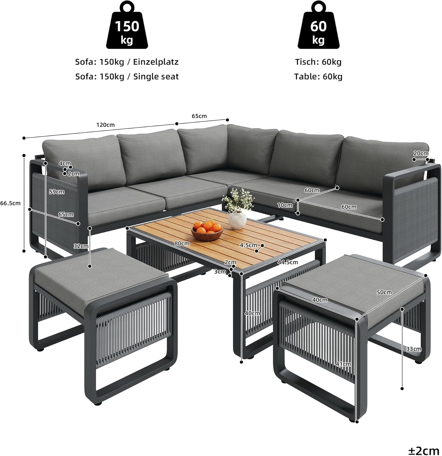 Sapgaks - Ensemble salon jardin corde 6-7 pers, coussins moelleux, pieds réglables, gris