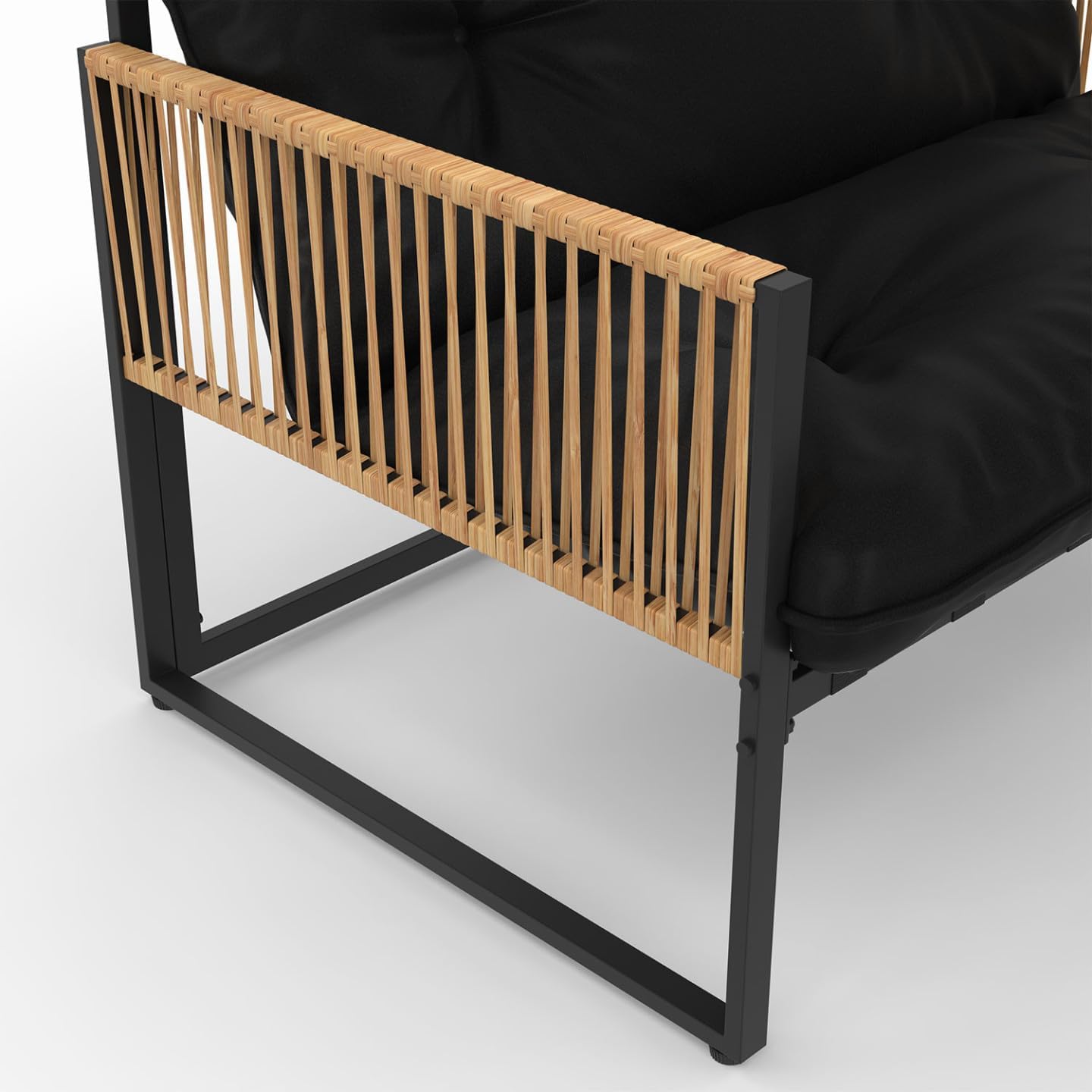 IDMarket - Salon Bas Rio 6 places, métal noir, coussins noirs, effet rotin