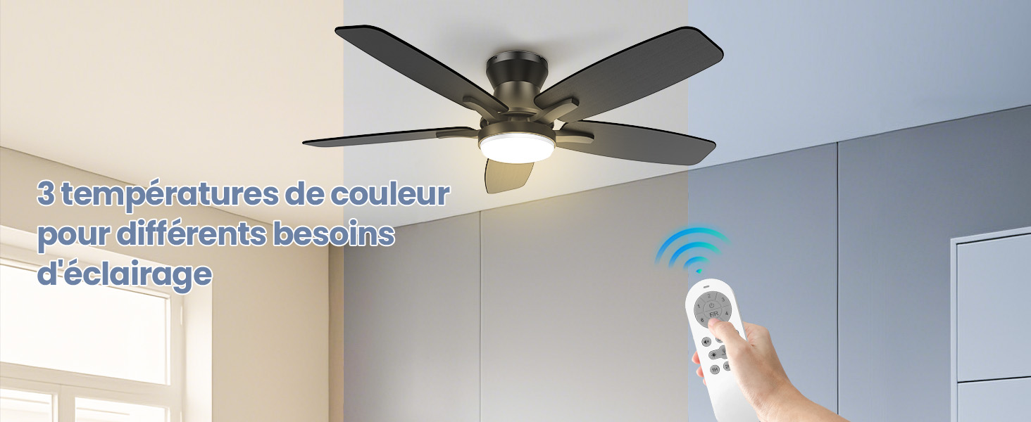 avec luminaire et cinq pales. Télécommande illustrée, indiquant des températures de couleur réglables. Le texte mentionne trois températures de couleur pour différents besoins d'éclairage.