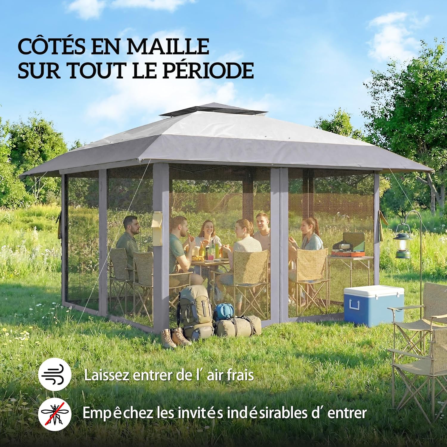 Outsunny Tonnelle de Jardin 4 x 4 m Pop up Tente Pliante réglable en Hauteur Protection UV30+ tonnelle Pliante avec Double Toit 4 parois en Maille 4 Sacs de Sable Sac de Transport Montage Facile Gris