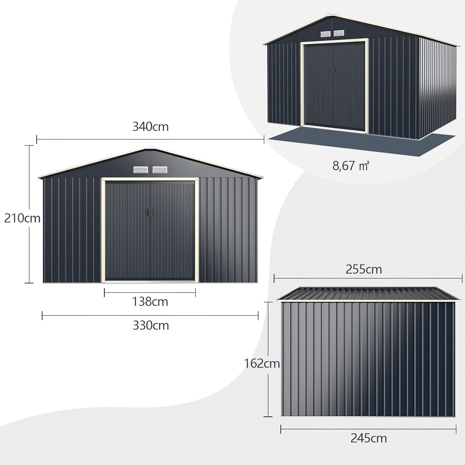 COSTWAY - abri de jardin métal, 340x255x210cm, 2 portes, aération, toit pentu