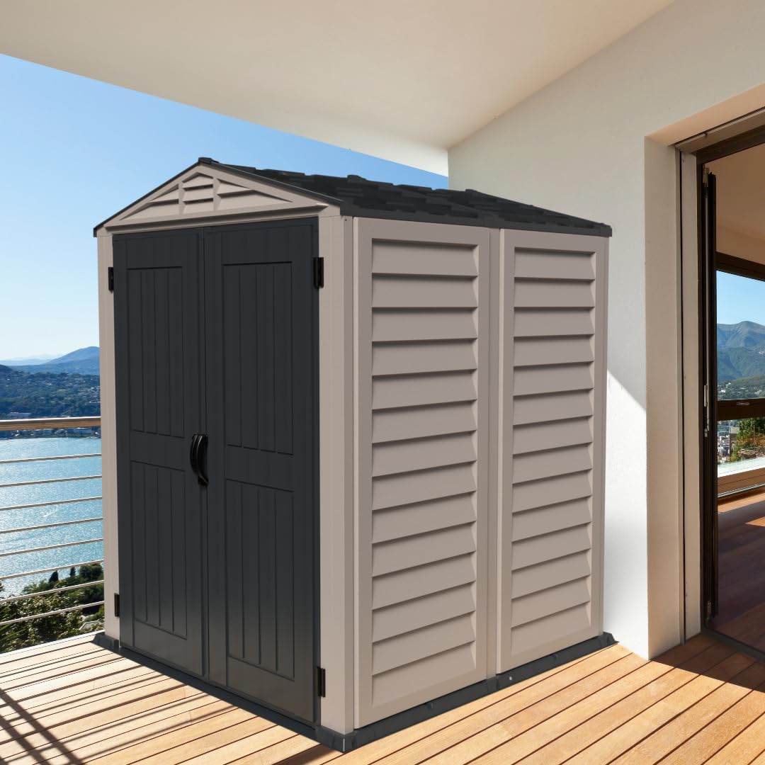 Duramax - YardMate PLUS - 5x5 ft - abri jardin plastique, plancher robuste, toit métal, ignifuge, sans entretien