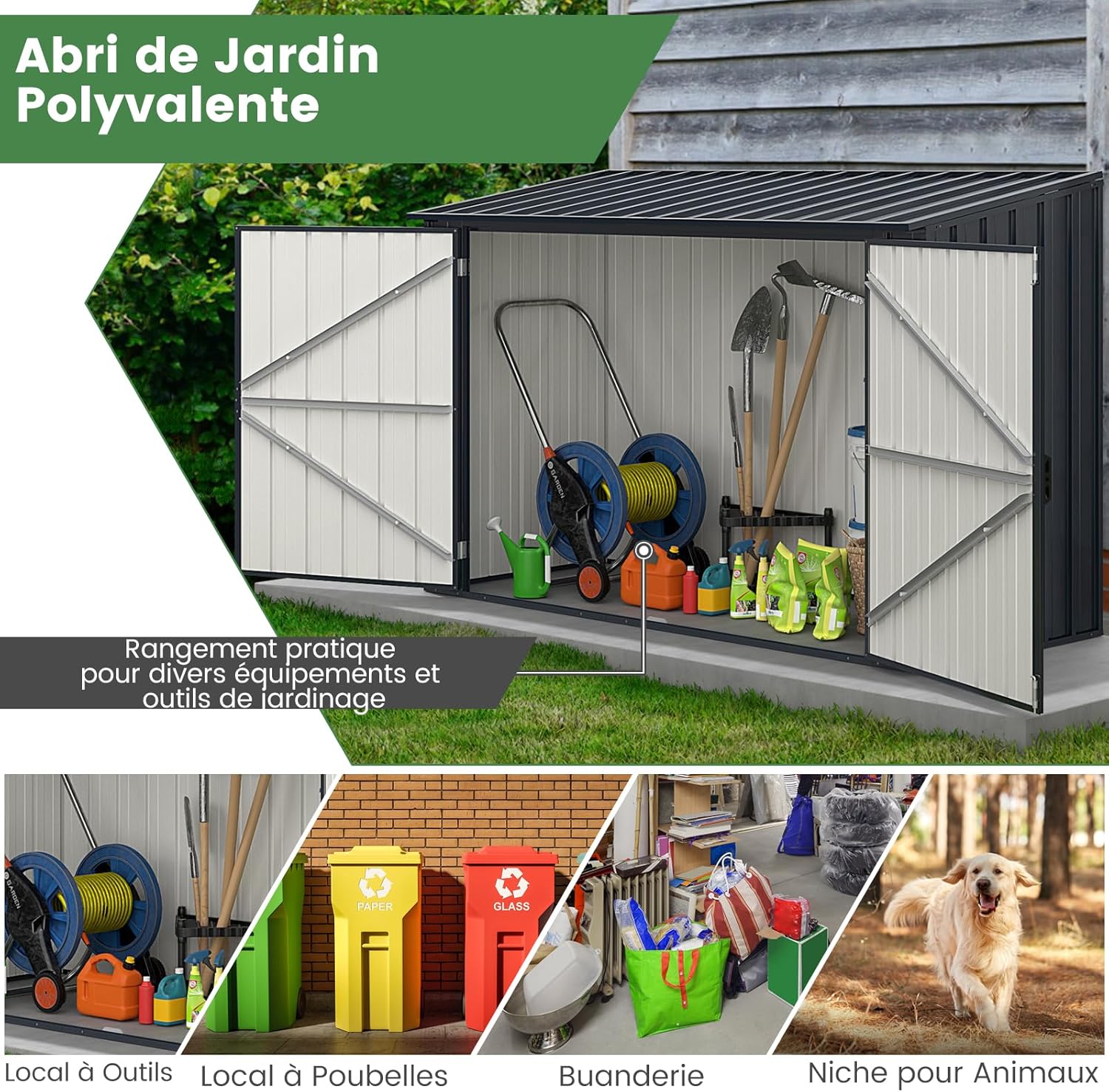 COSTWAY Abri de Jardin en Métal Galvanisé 1,9 M³, Cabane de Jardin Exterieur avec Double Porte Verrouillable, Couvercle Rabattable, Vérin à Gaz Hydraulique, Cache Poubelle pour Vélo, Outils
