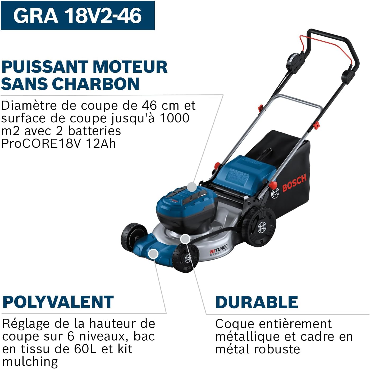 Bosch Professional 18V System tondeuse à gazon sans-fil GRA 18V2-46 (largeur coupe : 46 cm, réglage de hauteur dans 6 positions, sac ramassage en toile 60 l, 2 clés coupe-circuit, bouchon mulching)