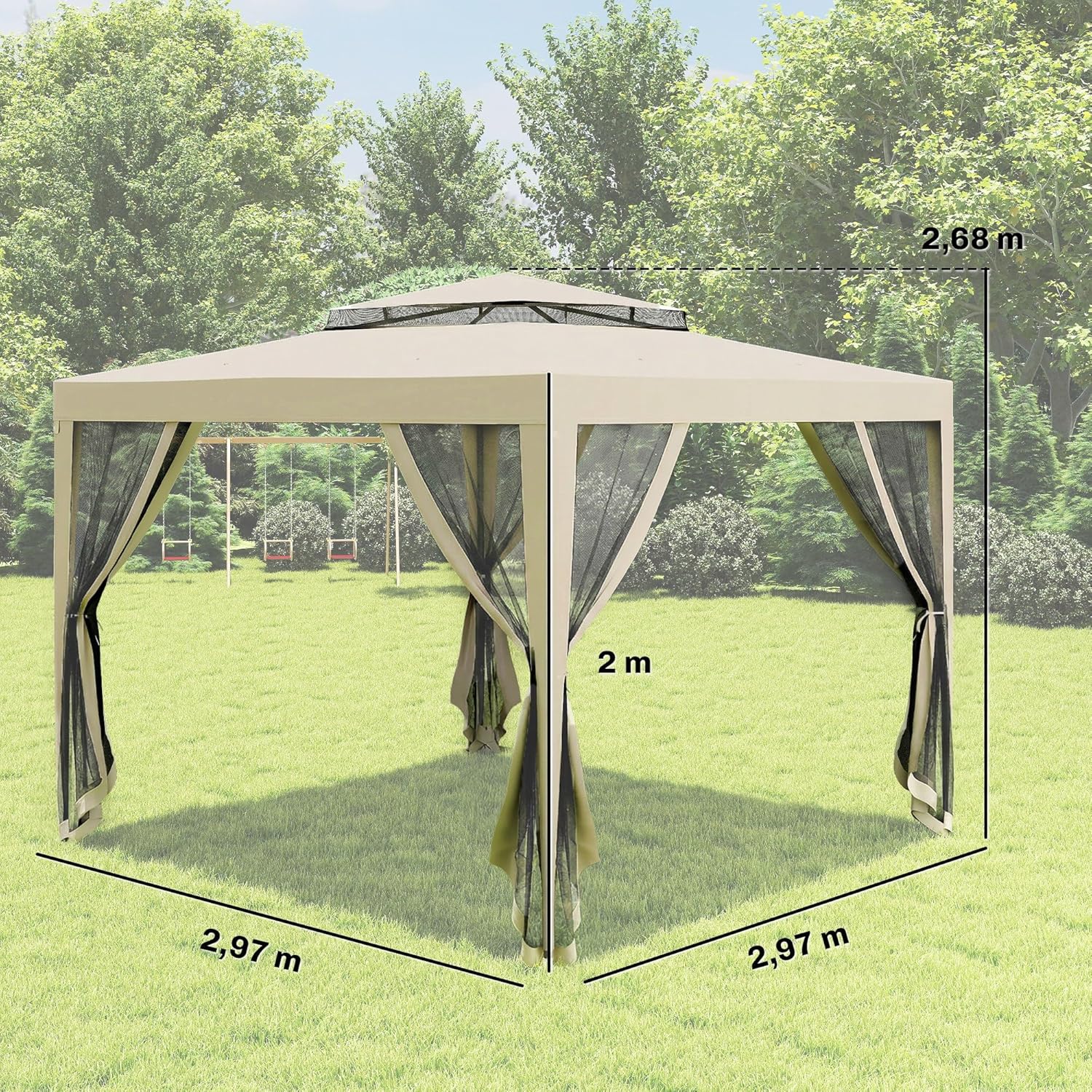 Outsunny - Tonnelle Barnum Jardin - 3x3m - moustiquaires, double toit, beige