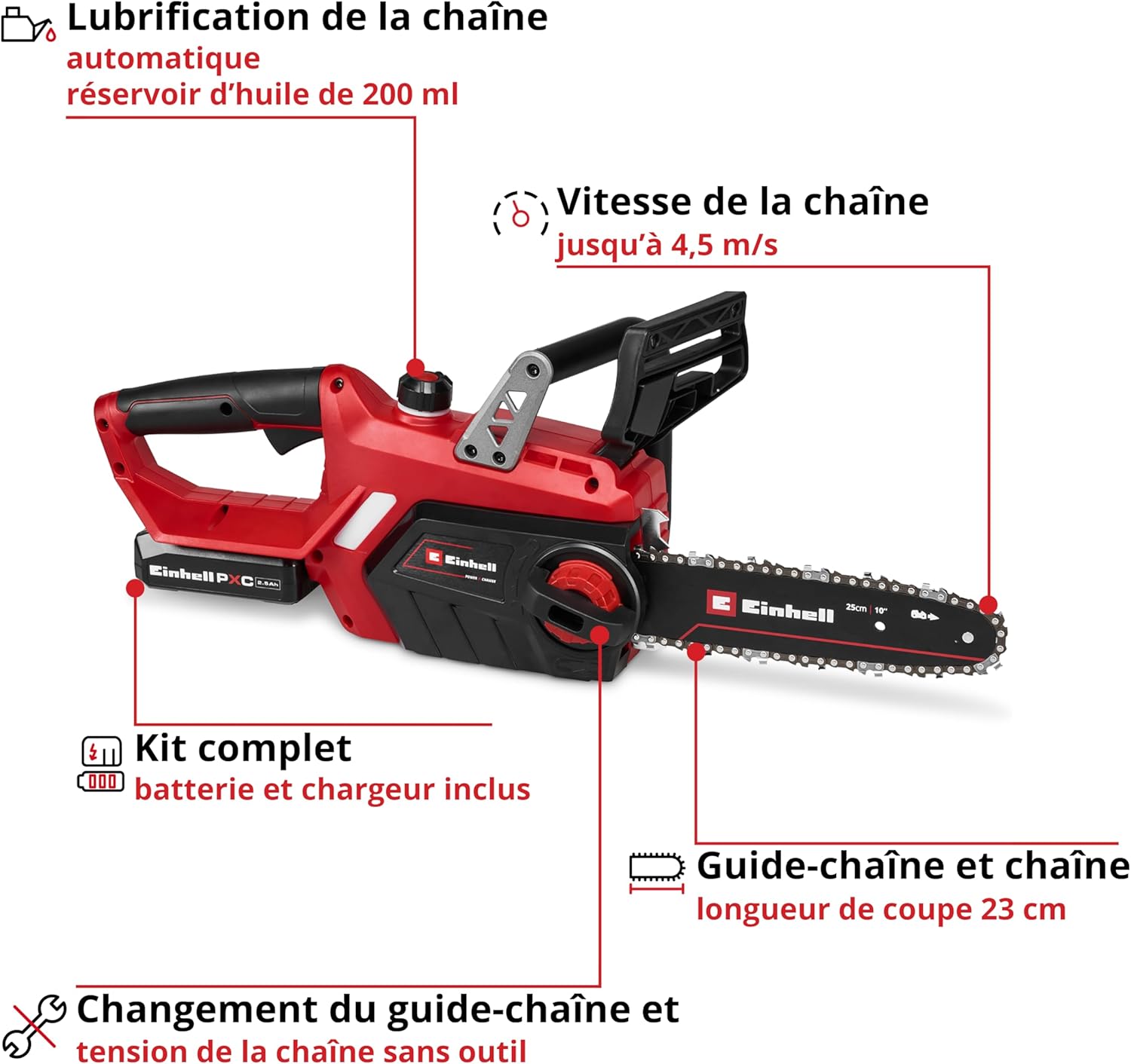 Einhell - tronçonneuse GE-LC 18/25-1 Li - 23 cm - 18V, 2,5Ah, lubrification auto, kit complet, GE-LC 18/25-1 Li
