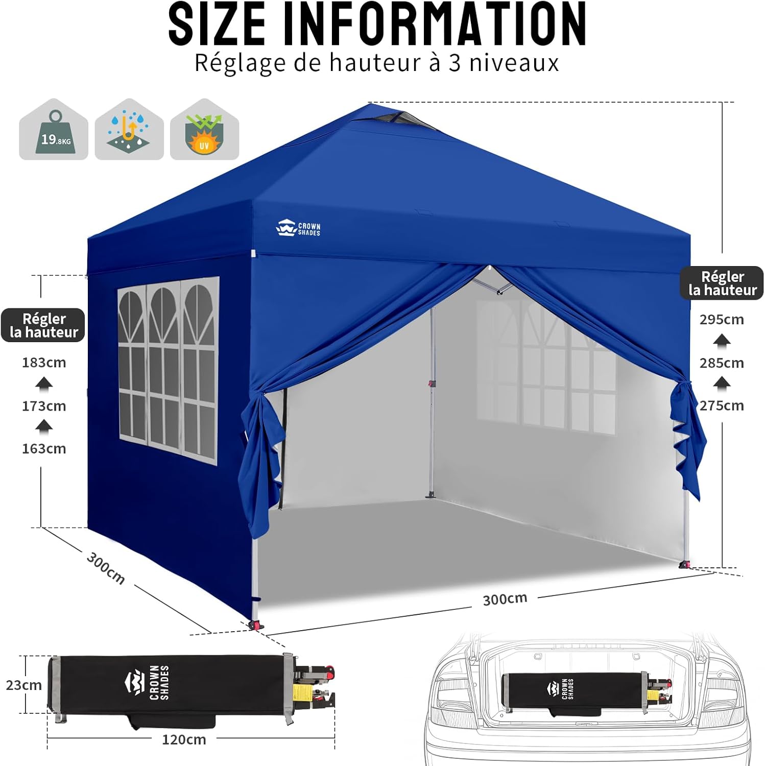 CROWN SHADES - tonnelle pliante 3x3m - imperméable, UPF 50+, 4 parois amovibles