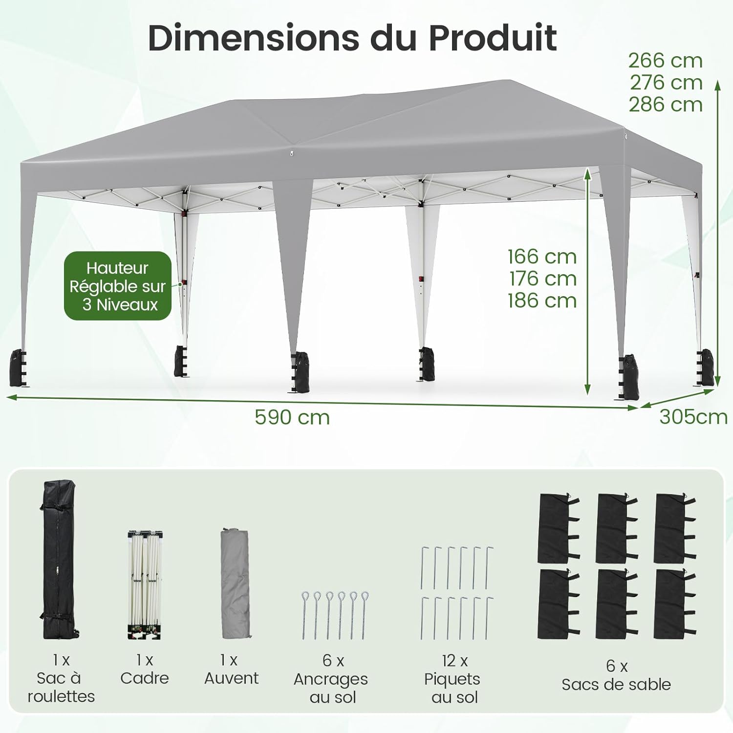 GOPLUS - tonnelle pliante série jardin 3x6m, imperméable, sac à roulettes