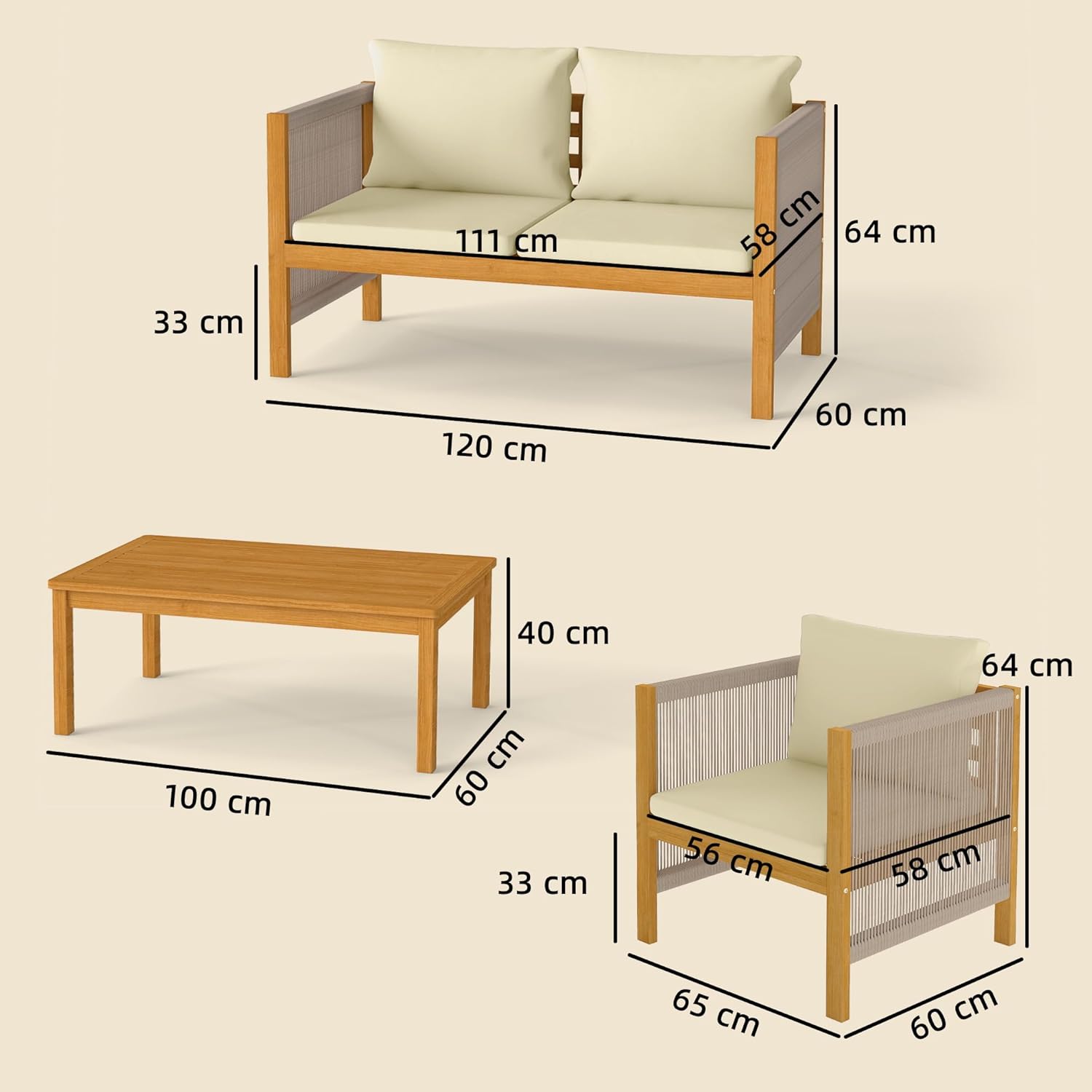 Outsunny - Salon de Jardin en Bois d'Acacia 4 pièces - Canapé, fauteuils, table - Coussins déhoussables, corde tressée, 