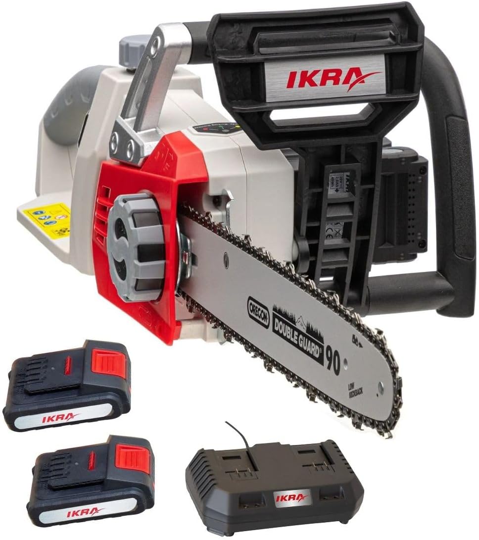IKRA - Tronçonneuse sans Fil 40V (2x20V) Moteur Brushless 2000W Guide Oregon 35,5cm Tension sans Outil Frein Anti-Rebond - Inclus 2 Batteries 2Ah et Chargeur double Rapide