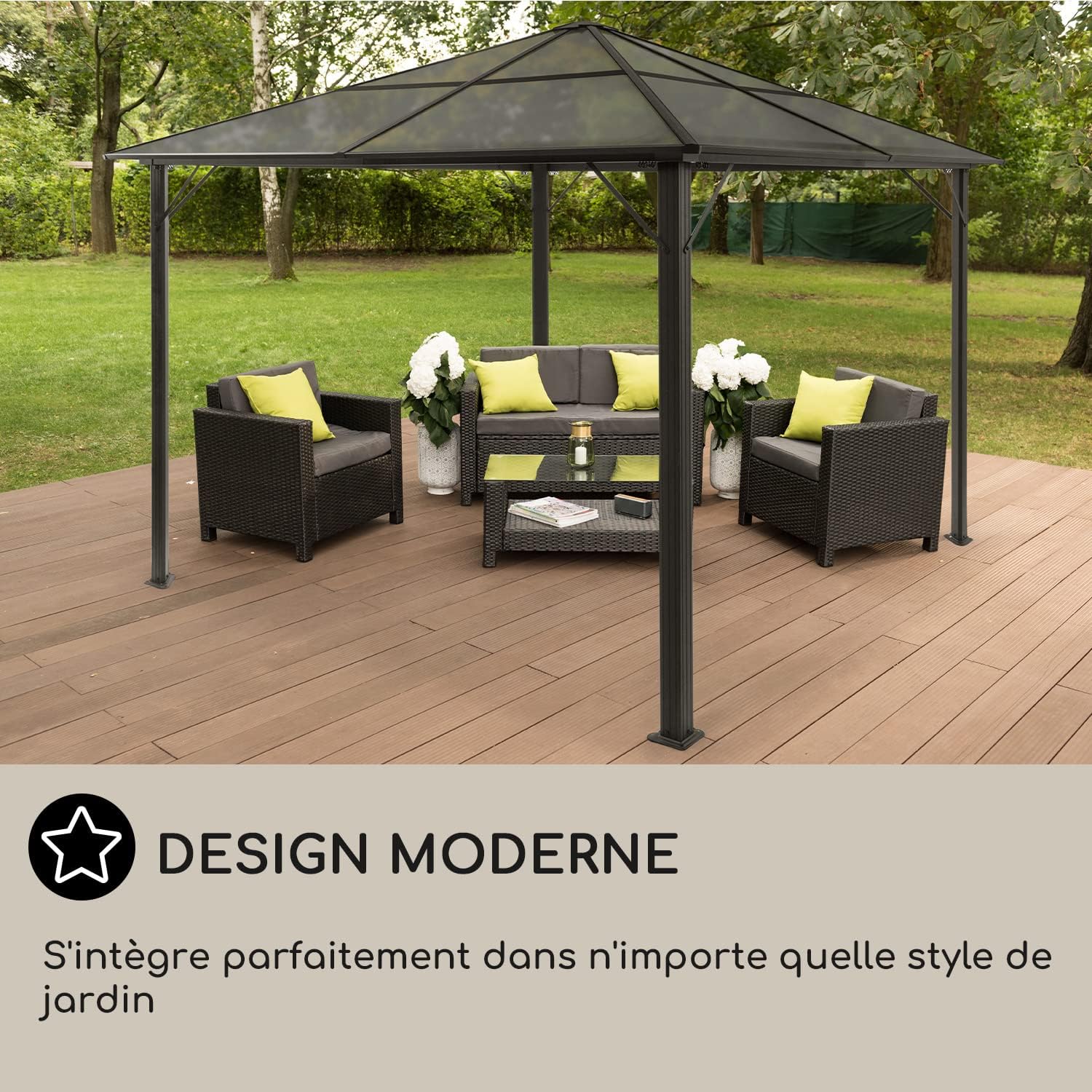 Blumfeldt - Pergola aluminium 3x3m - toit rigide LED & polycarbonate