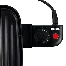 Le texte indique « Tefal ». Plans détaillés en gros plan du boîtier noir de l'appareil montrant le mécanisme à boutons et les caractéristiques de conception.