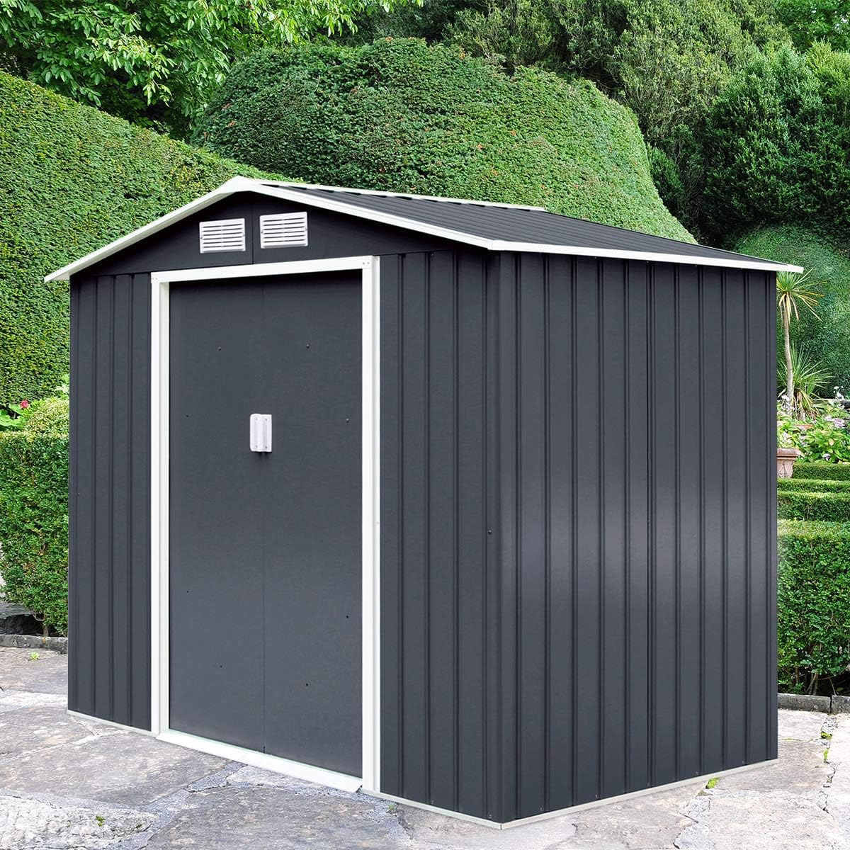 GOPLUS 2,37㎡ Abri de Jardin Métal Galvanisé avec Base, Résistant aux Intempéries, Cabine de Jardin Extérieur 2 Portes Coulissantes avec 2 Fenêtres de Ventilation, 4,39m³, 213 x 127 x 185 cm, Gris