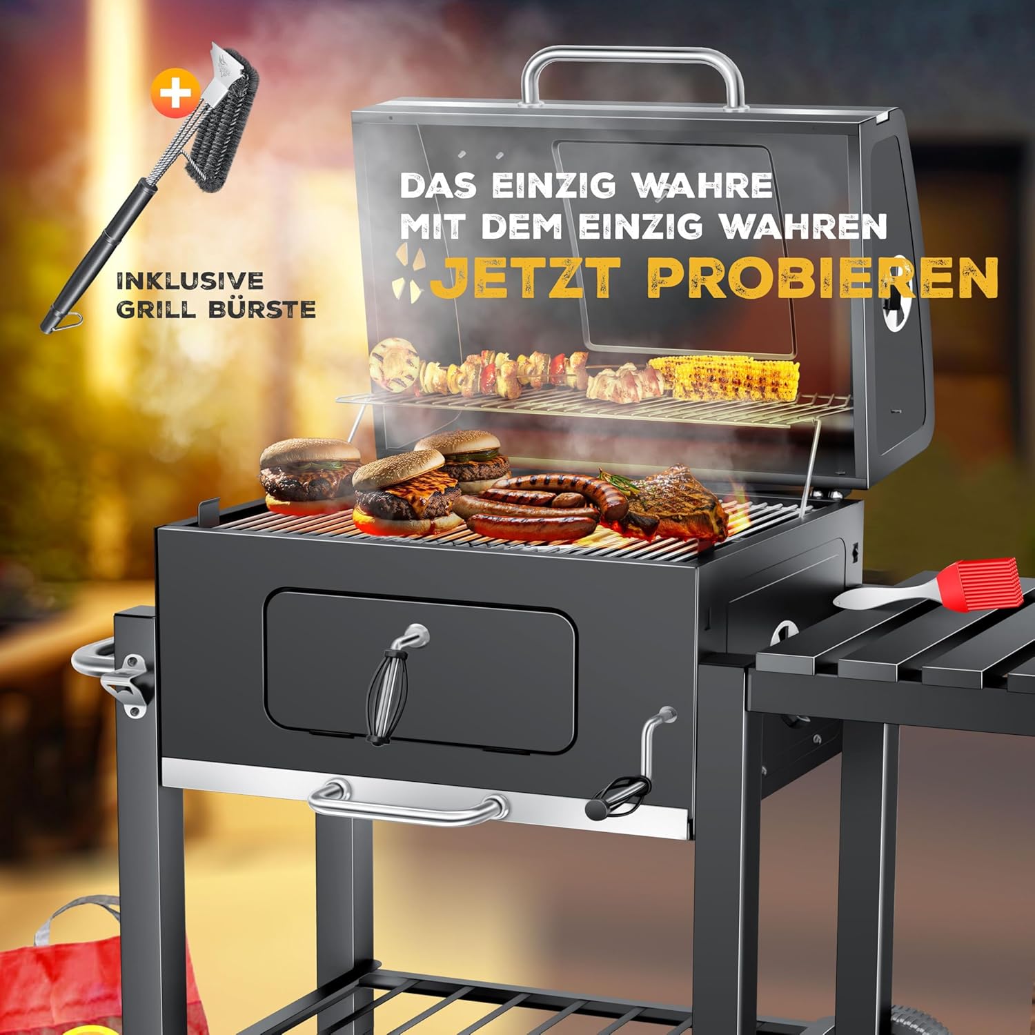 KESSER - Chariot XL barbecue à charbon avec couvercle, grille, roues, thermomètre, inox - Grill Chariot grand charbon