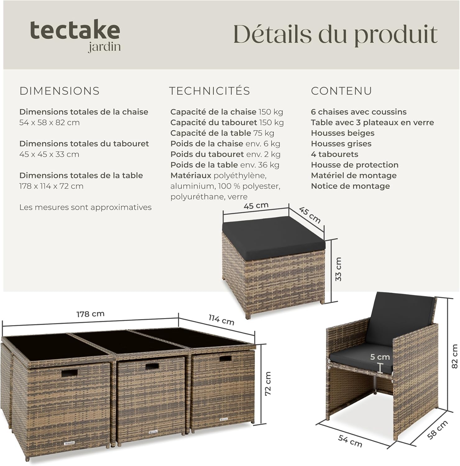 tectake - Salon de jardin résine tressée 10 places - Aluminium, housses et protection, Marron naturel