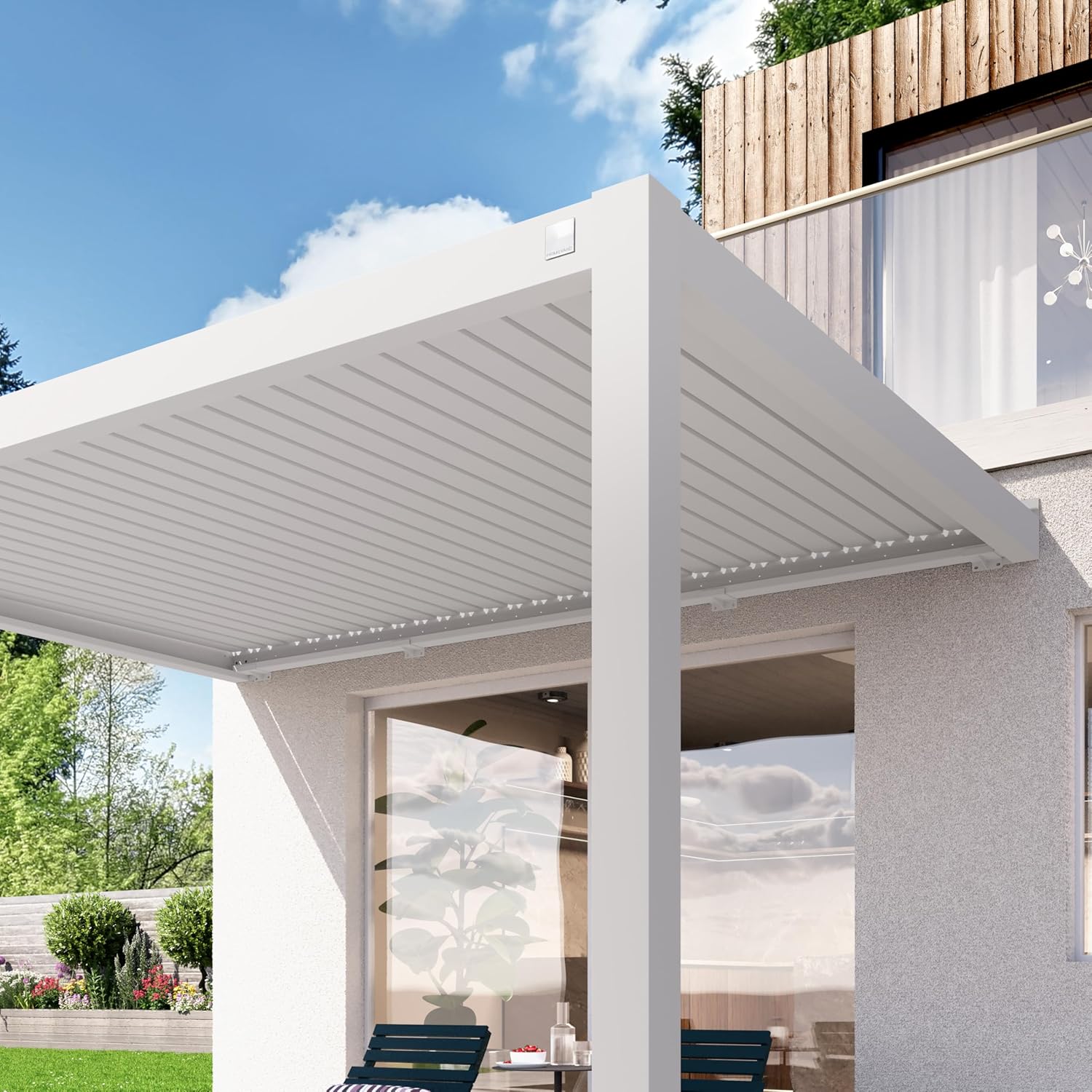 PRIMEYARD - Pergola adossée série Aluminium - 3x4 m - lames orientables, poteaux aluminium blancs