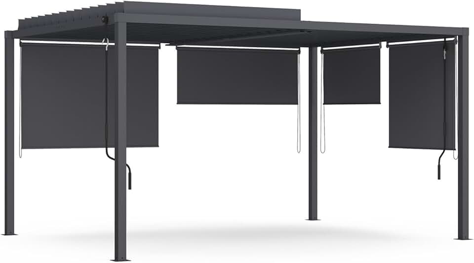 IDMarket - Pergola bioclimatique acier 3x4m, 4 stores, gris anthracite
