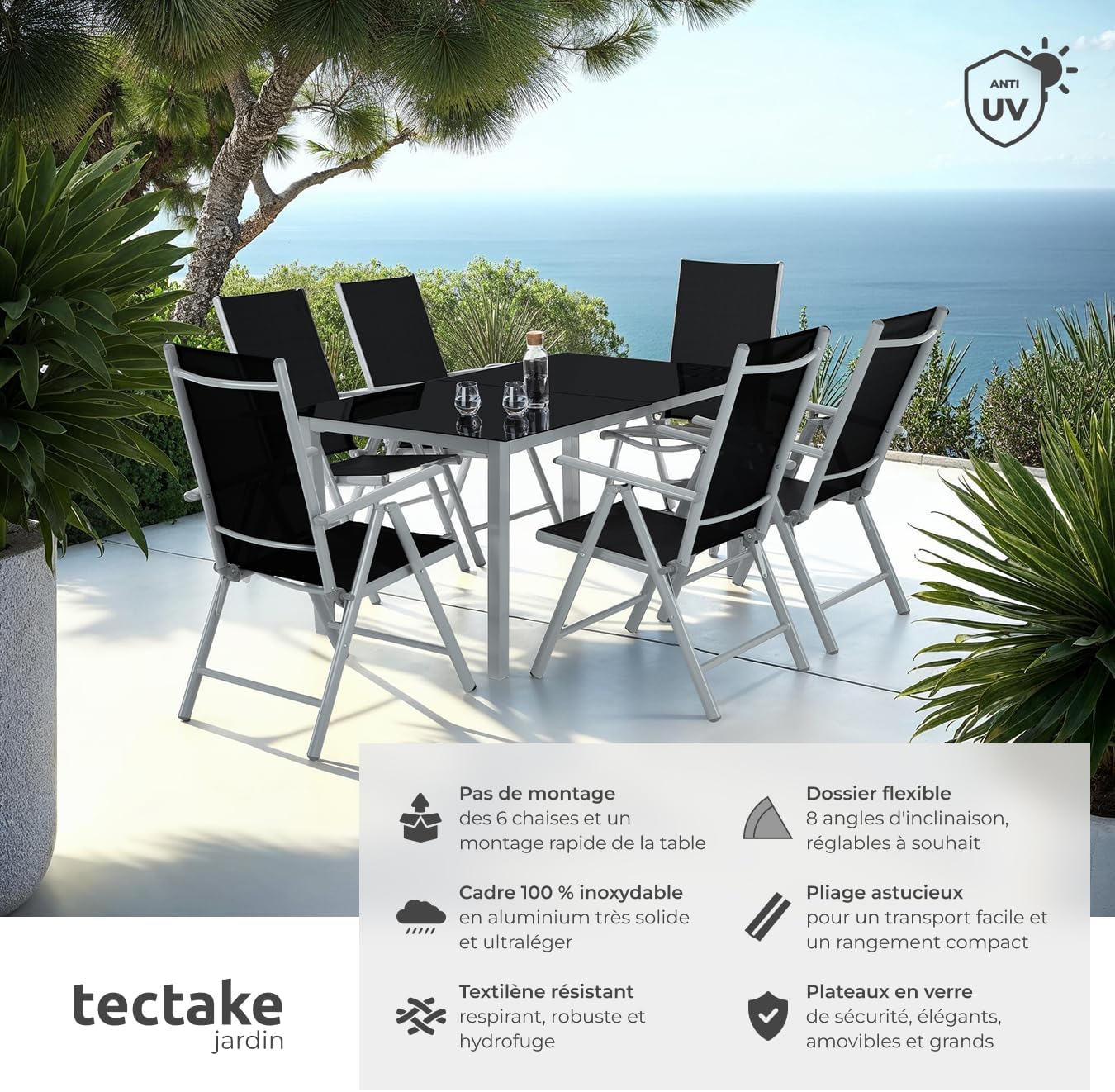 tectake - salon de jardin aluminium 6 chaises pliables, table, entretien facile