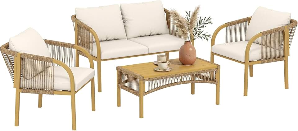 Outsunny - Salon de jardin 4 pcs - canapé 2 places, coussins, table basse, plateau acier imitation bois - kaki