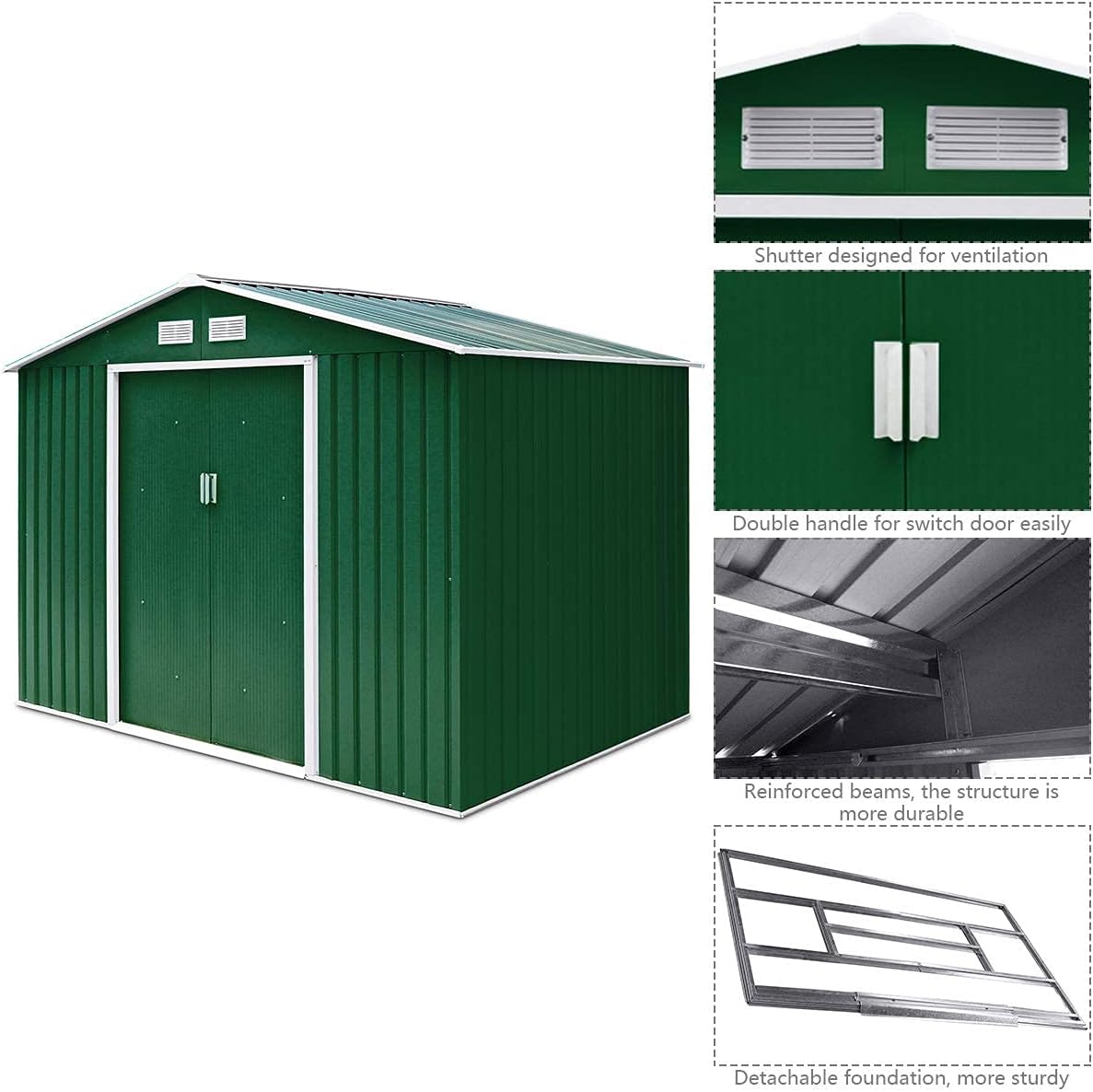 GIANTEX Abri de Jardin 2,7 m² en Métal, Abri à Outils avec Porte Coulissante & Fondation Solide, Remise à Outils Extérieur, 213 x 127 x 185 cm, Vert