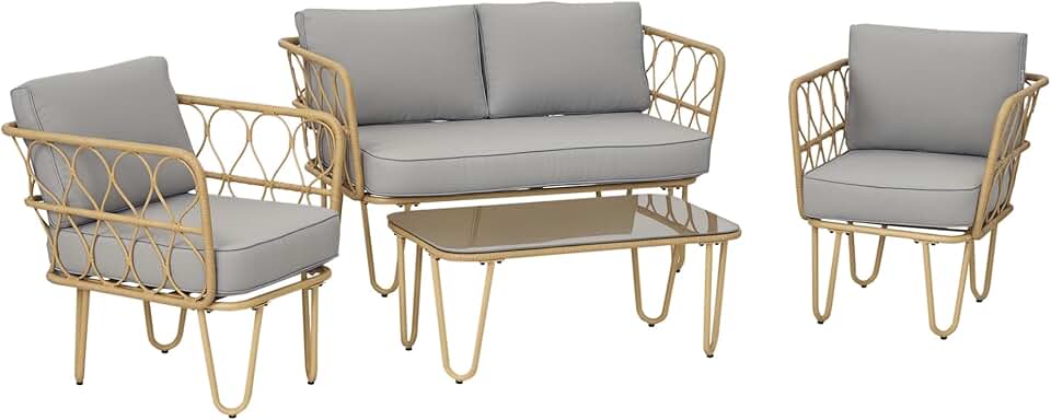 Outsunny - Ensemble salon 4 pièces acier et résine, 2 places, table basse, coussins, gris clair