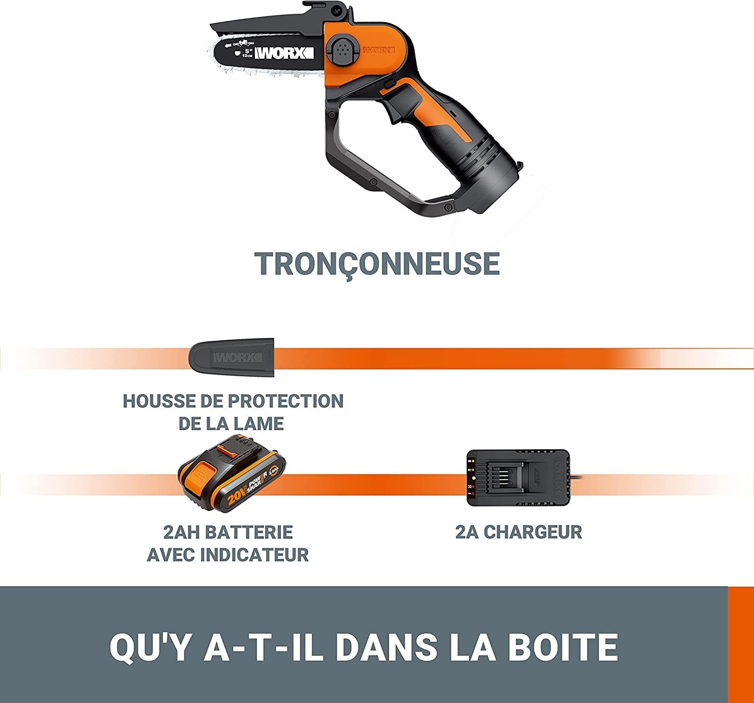 WORX - Mini tronçonneuse 20V - guide 12cm, coupe 10cm, batterie, WG324E