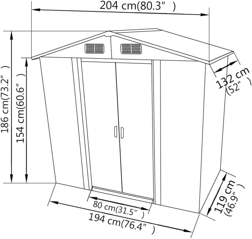Abri de Stockage Métal Vert 204x132x186 cm Cabane Rangement Jardin (Gris)