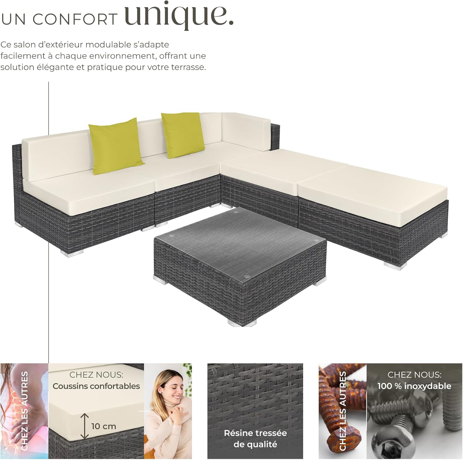 tectake - Salon de jardin XXL modulable 5 places avec table, poly rotin