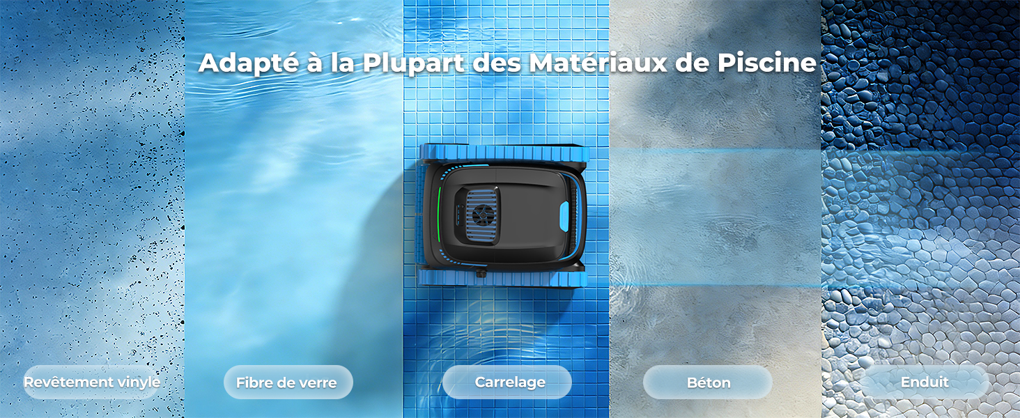 Le texte se lit comme suit : « Adapté à la plupart des matériaux de piscine ». Image sur le thème sous-marin montrant un appareil étanche avec un fond dégradé bleu et des effets de gouttelettes d'eau.
