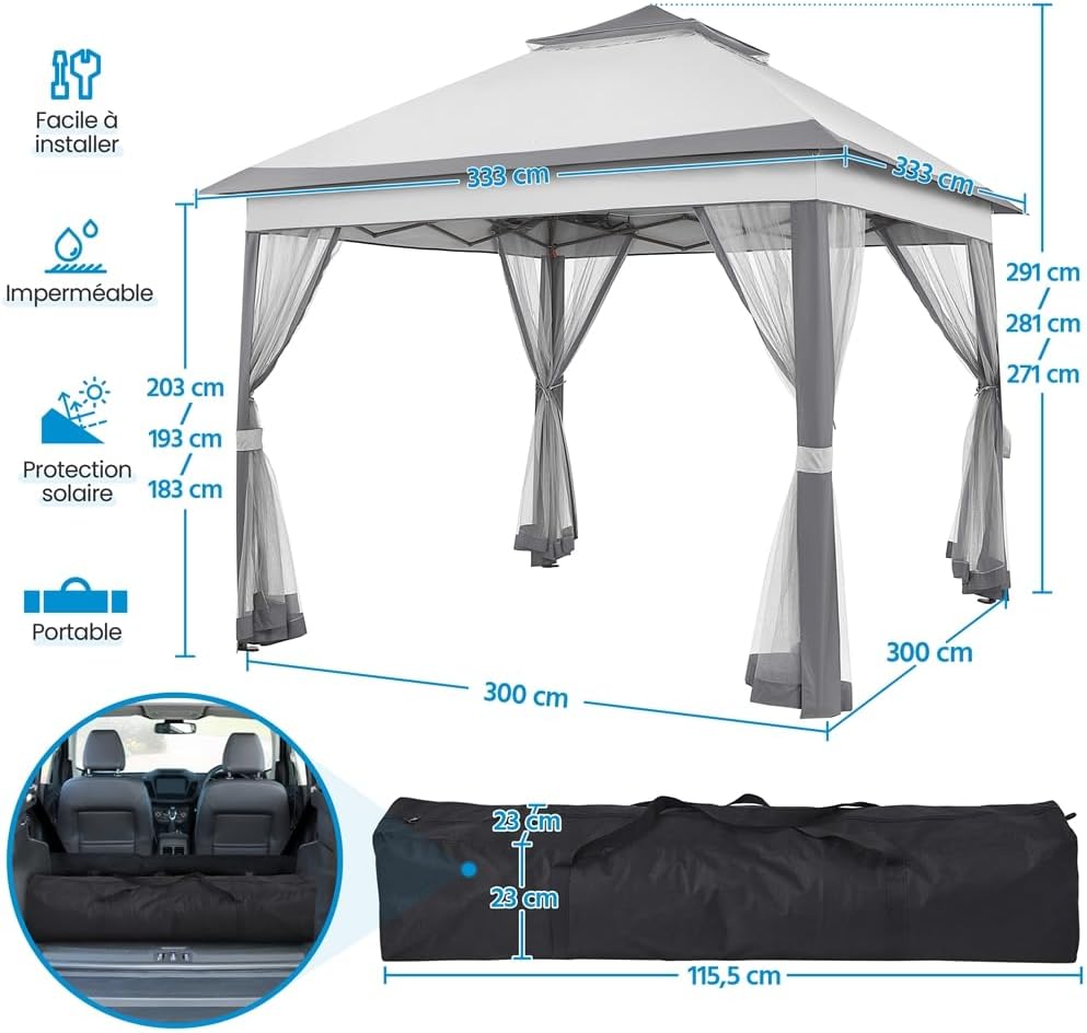 Yaheetech - Tonnelle jardin 3,3x3,3m moustiquaire imperméable