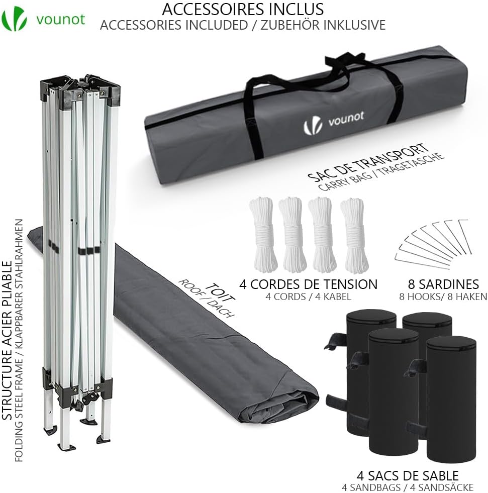 VOUNOT - tonnelle pliante 3x3m - installation rapide, accessoires inclus