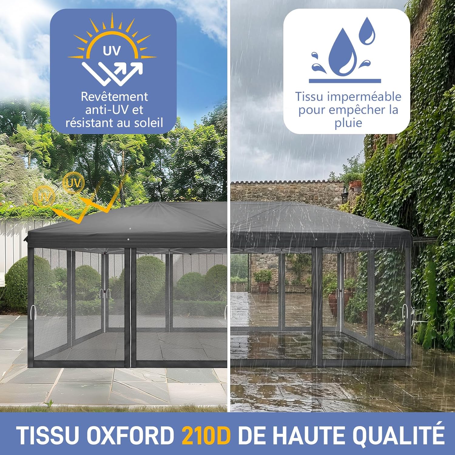 LEADZM Tonnelle Pliable 3x6 m Imperméable Anti-UV 50+, Hauteur Ajustable avec 6 Moustiquaires, Structure Stable, pour Jardin, Terrasse, Camping Et Usage Professionnel,Anthracite