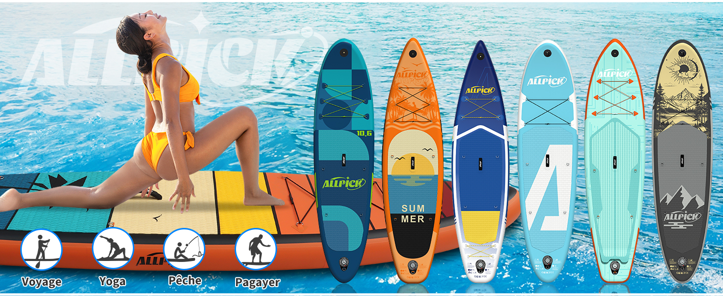 Collection de planches à pagaie gonflables de différentes couleurs, dont l'orange, le bleu, le vert menthe et le gris, affichées sur la plage avec des indicateurs de comparaison des tailles ci-dessous.