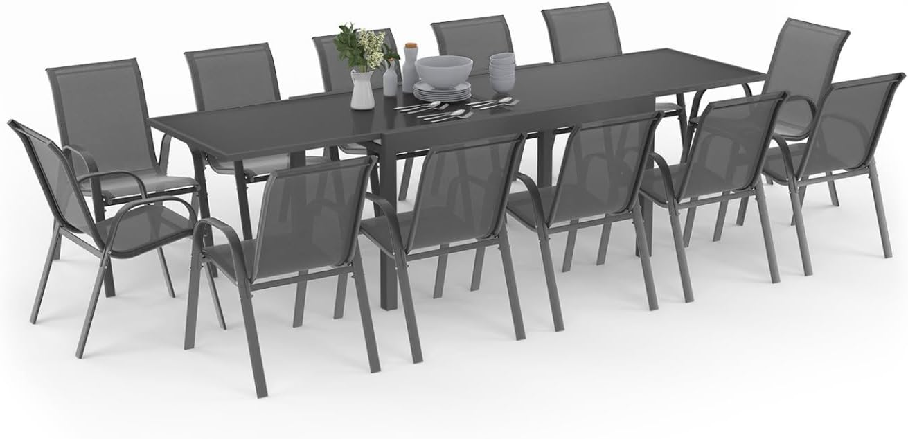 IDMarket - Madrid série - table 135-270 cm et 12 chaises empilables - gris anthracite