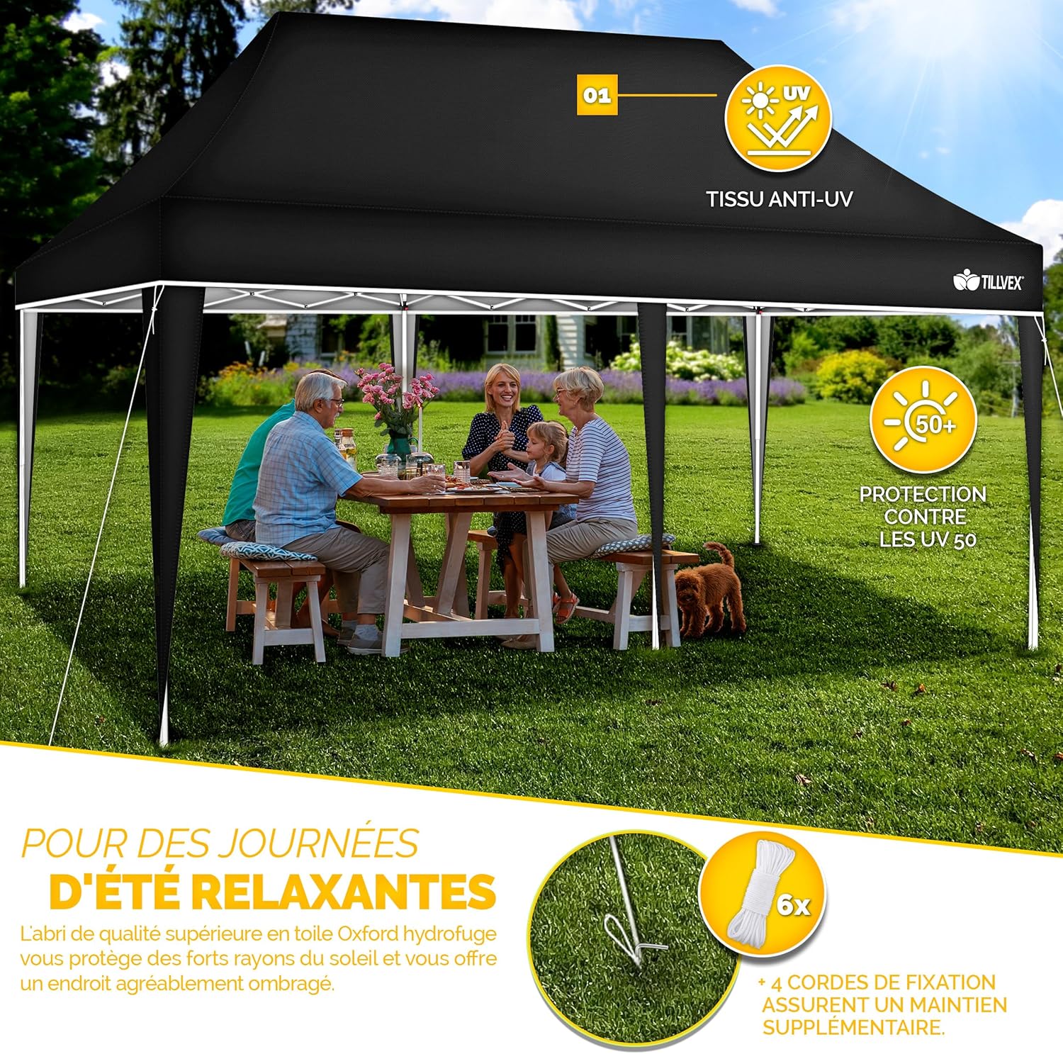 Tillvex - tonnelle pliable 3x6m, étanche, UV50+, sac inclus
