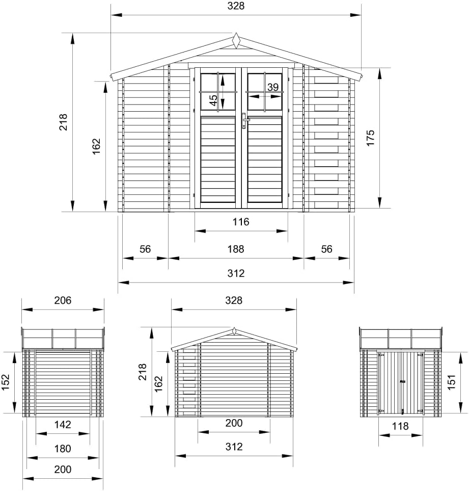 TIMBELA – abri de jardin bois avec range-bûches, 206x328x218 cm, avec sol traité – M389F+M389G
