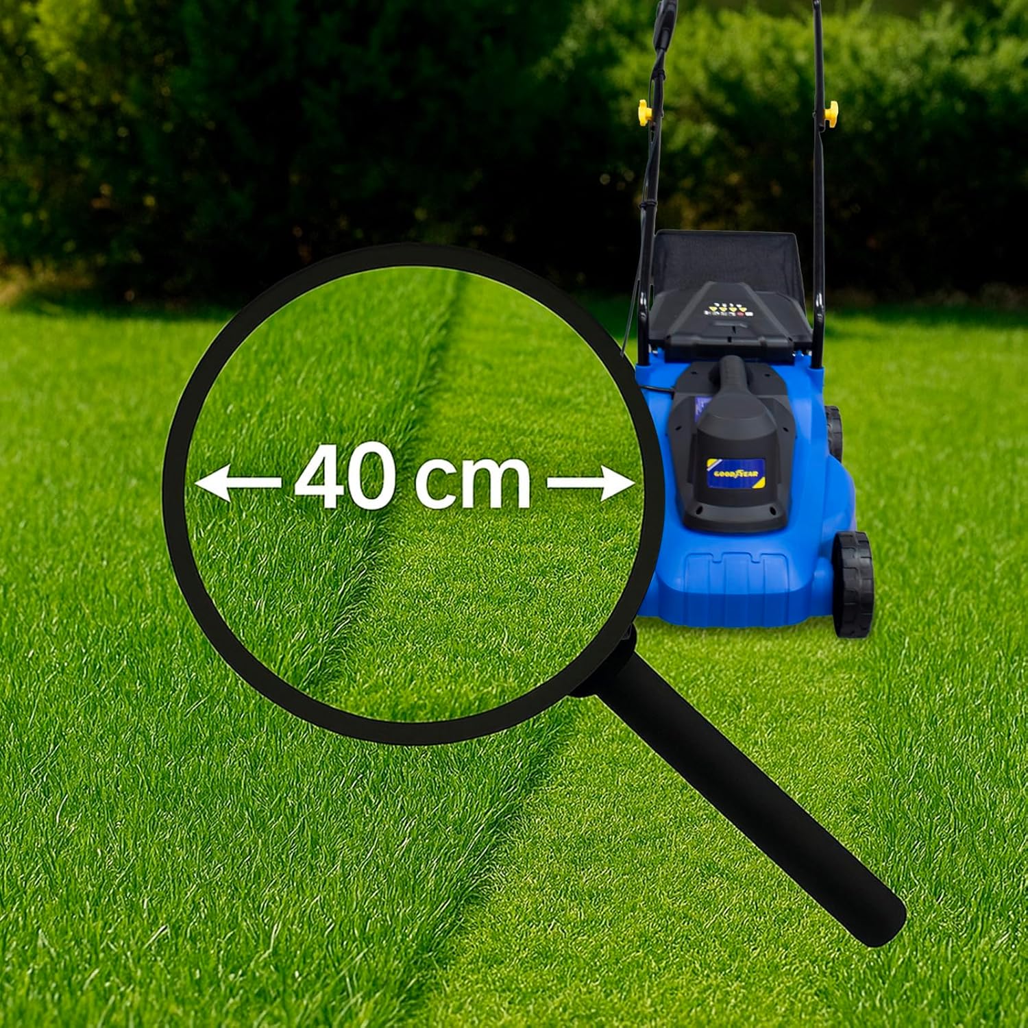 Goodyear - Tondeuse à Gazon Électrique Filaire 1200W, Largeur de Coupe 32cm, Hauteur Réglable (3 Positions), Bac de Ramassage 30L, Idéal pour Petits Jardins et Pelouses, Légère et Compacte