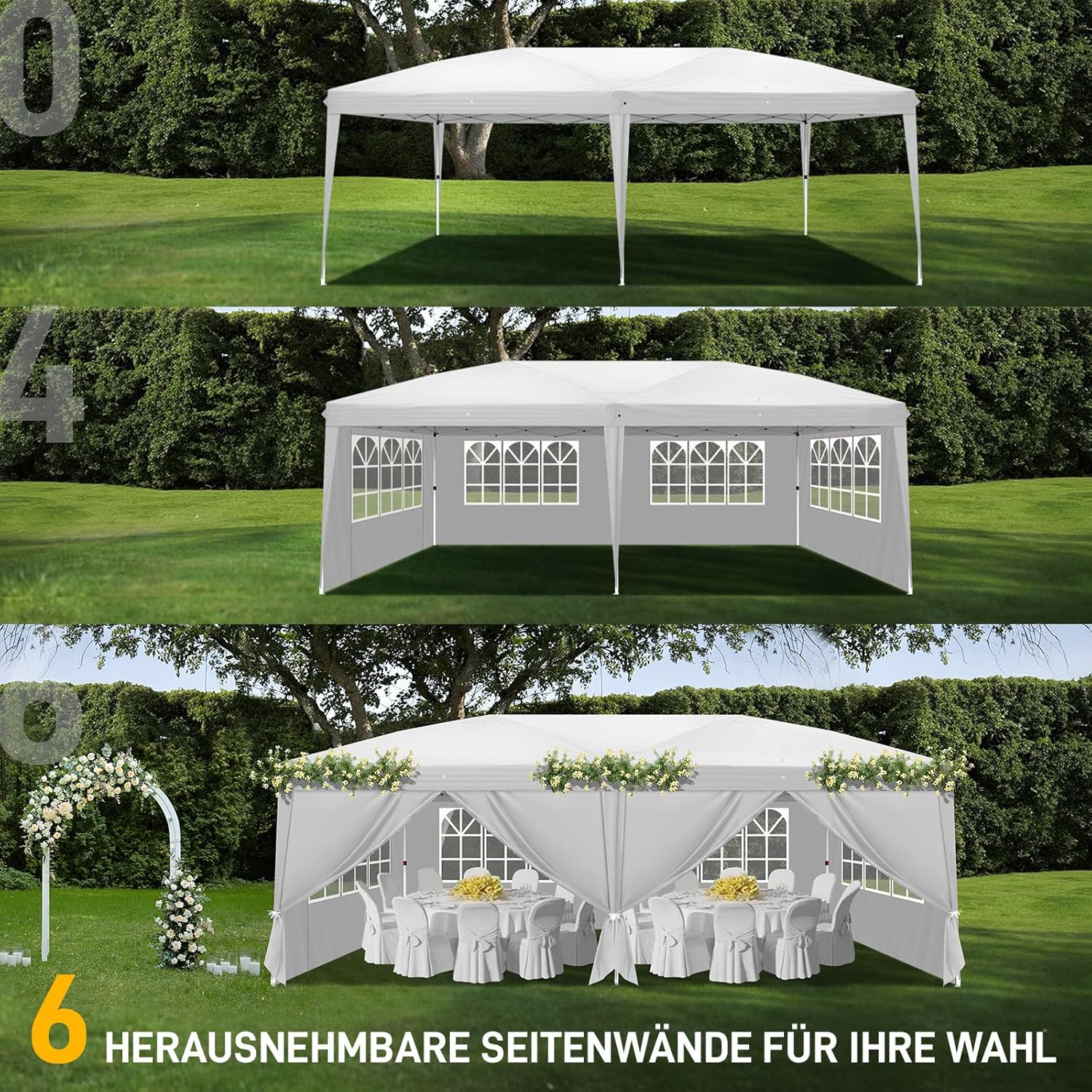 Leadzm - Tonnelle pliante 3x6m - acier, 6 côtés, UV 50+, blanc