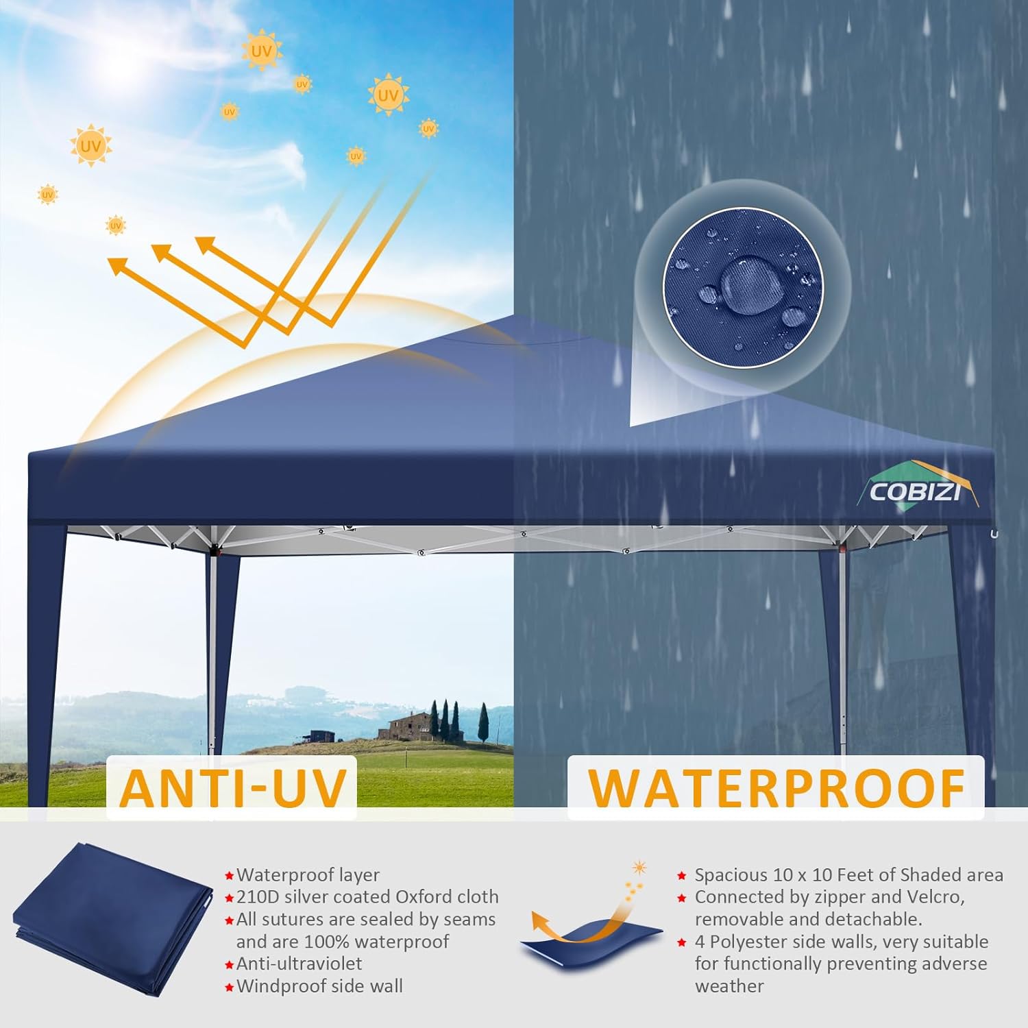 COBIZI - tonnelle de jardin série 3x3m - imperméable, 4 panneaux amovibles