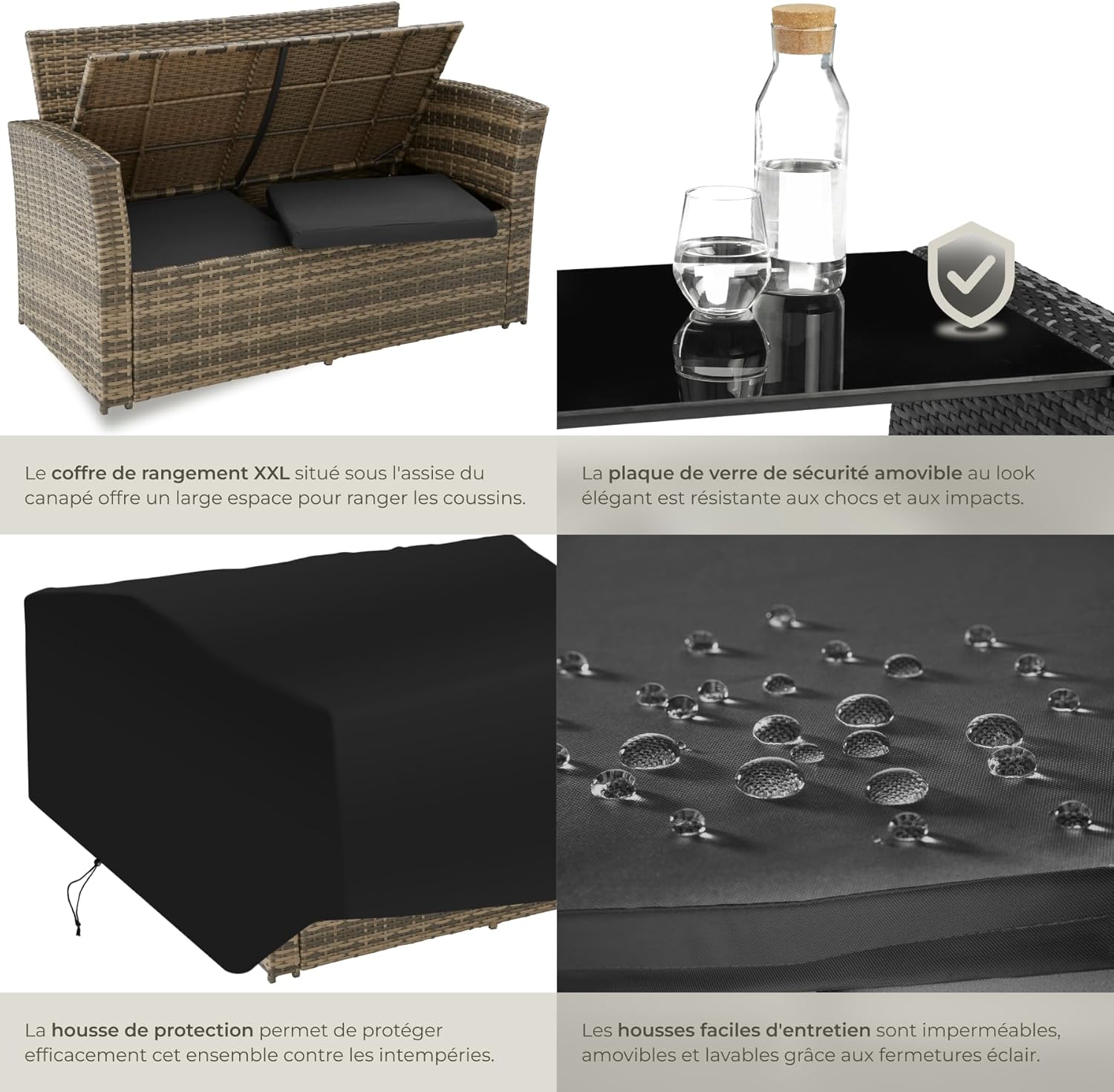 tectake - Ensemble salon de jardin 6 places - poly rotin, coussins épais, table basse, marron naturel