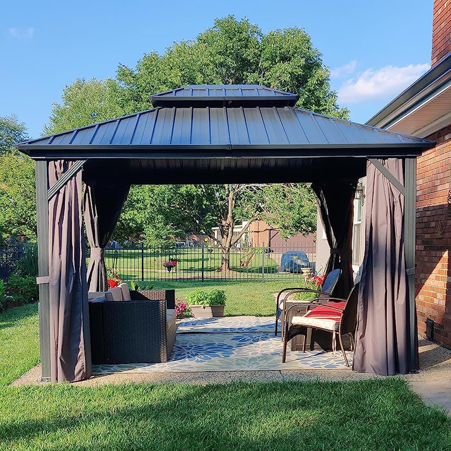PURPLE LEAF - Pergola aluminium double toit 3,65x3m rideaux moustiquaire