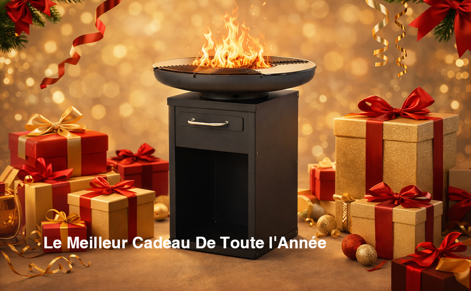 Le texte se lit comme suit : « Le meilleur cadeau de toute l'année ». Cheminée de table noire avec effet de flamme entourée de cadeaux emballés et d'un éclairage bokeh doré festif sur fond chaud.
