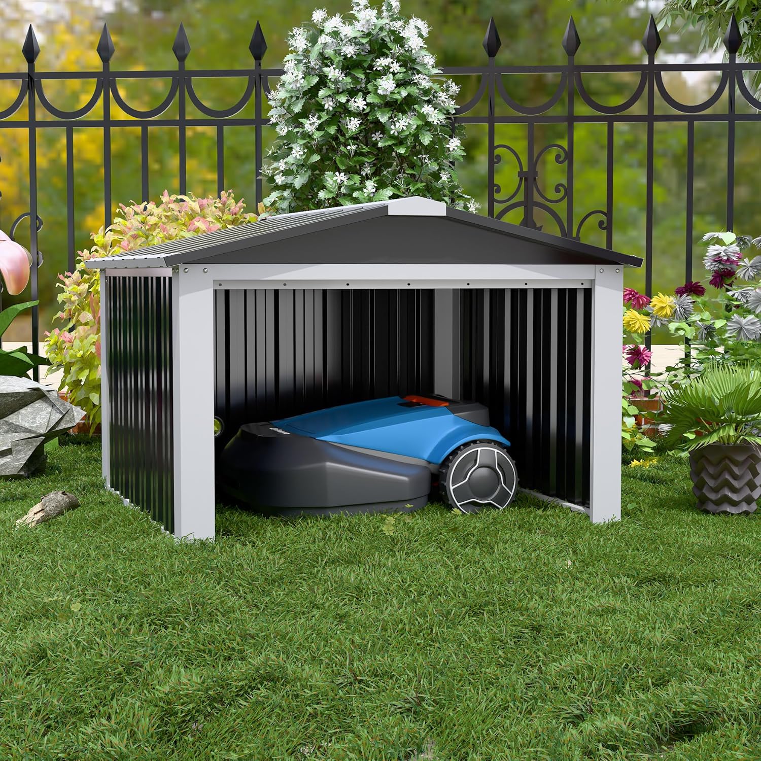 SUPEER Garage en Métal pour Robot Tondeuse avec Toit à Pignon - H 62 cm x L 90,5 cm x P 88,8 cm - Abri de Jardin pour Tondeuses à Gazon, Auvent pour Broyeur, Chambre pour Animaux