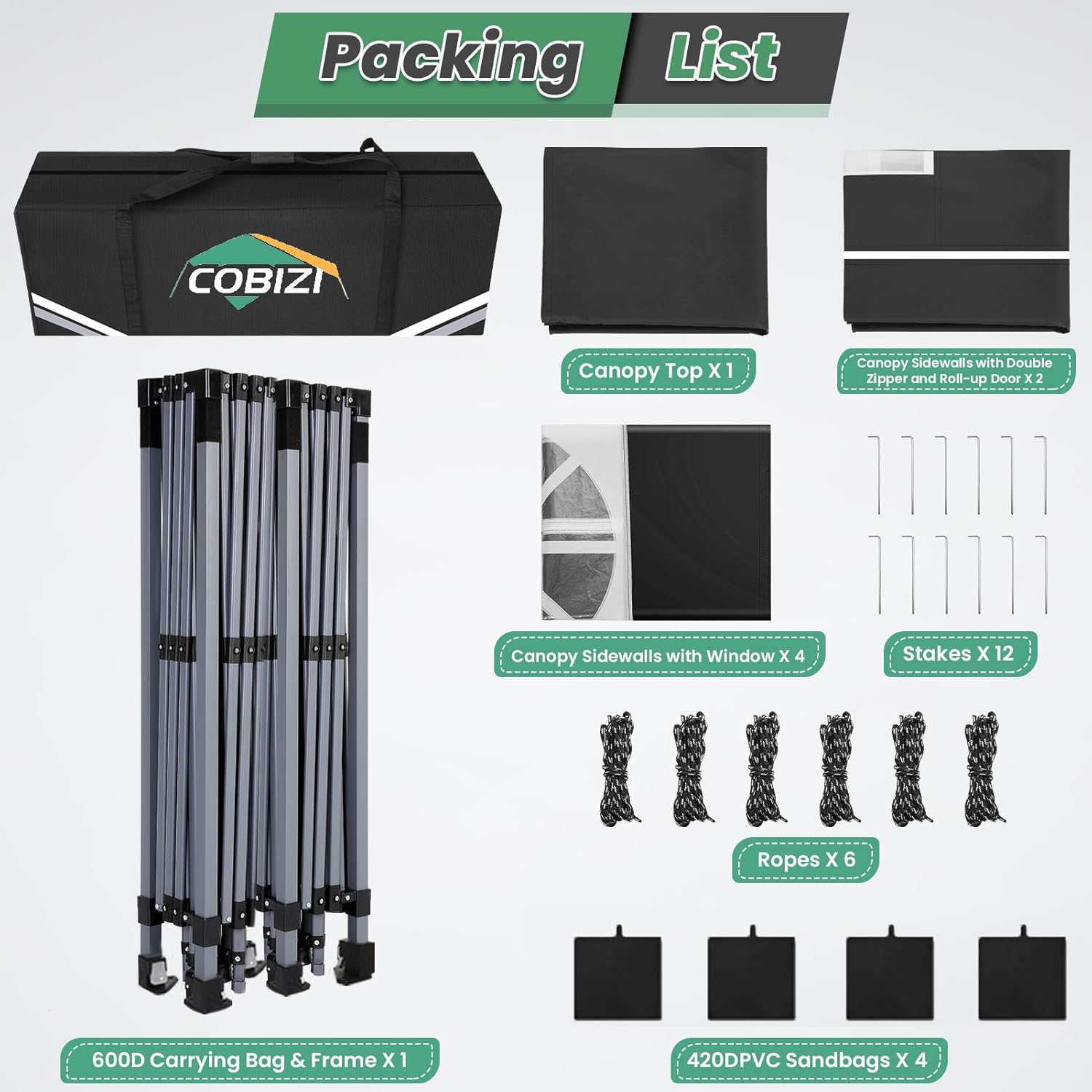COBIZI - Tonnelle pliante série Barnum - 3x6m - imperméable, panneaux latéraux, anti-UV, ventilation