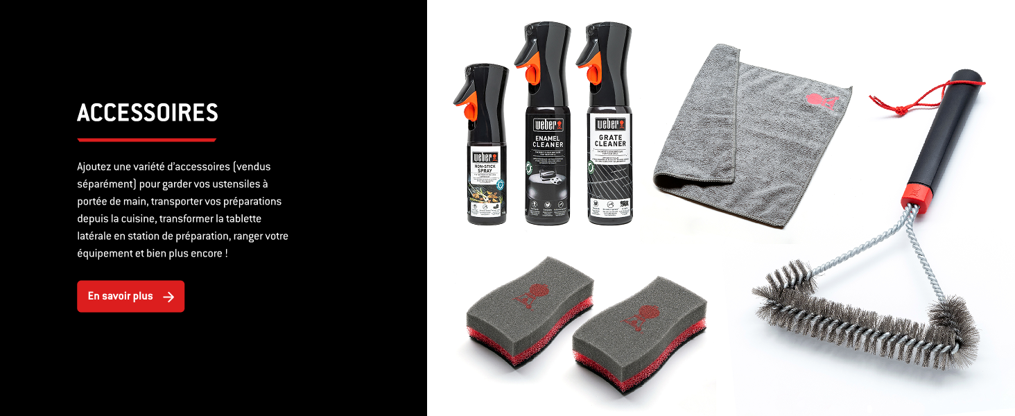 Disposition des accessoires du produit montrant les outils de nettoyage, y compris les brosses et les appareils électroniques sur fond sombre.