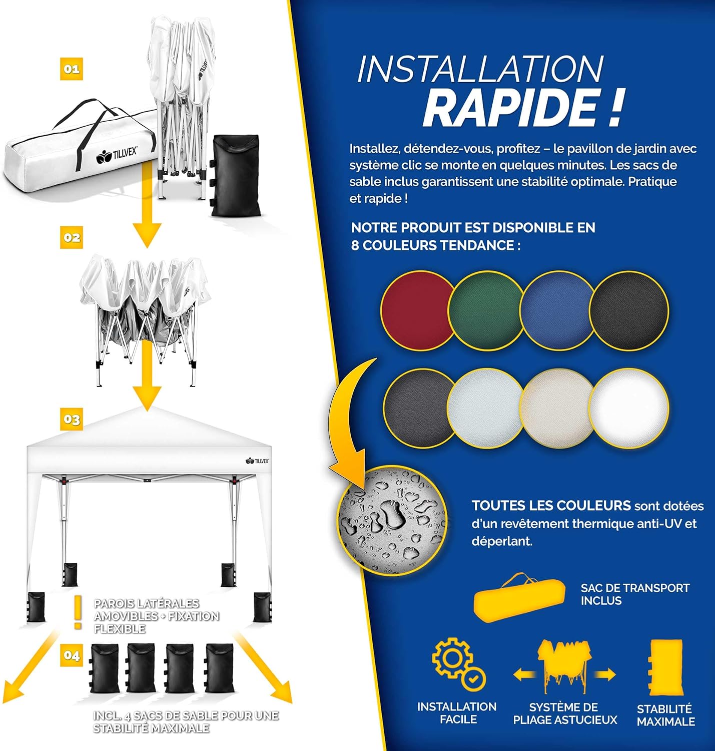 tillvex Tonnelle de Jardin 3 x 3 m Pliable | Tente Pliante à Hauteur réglable | Auvent pour Camping, Festival, Plage | Protection UV 50+ | Chapiteau avec Sac
