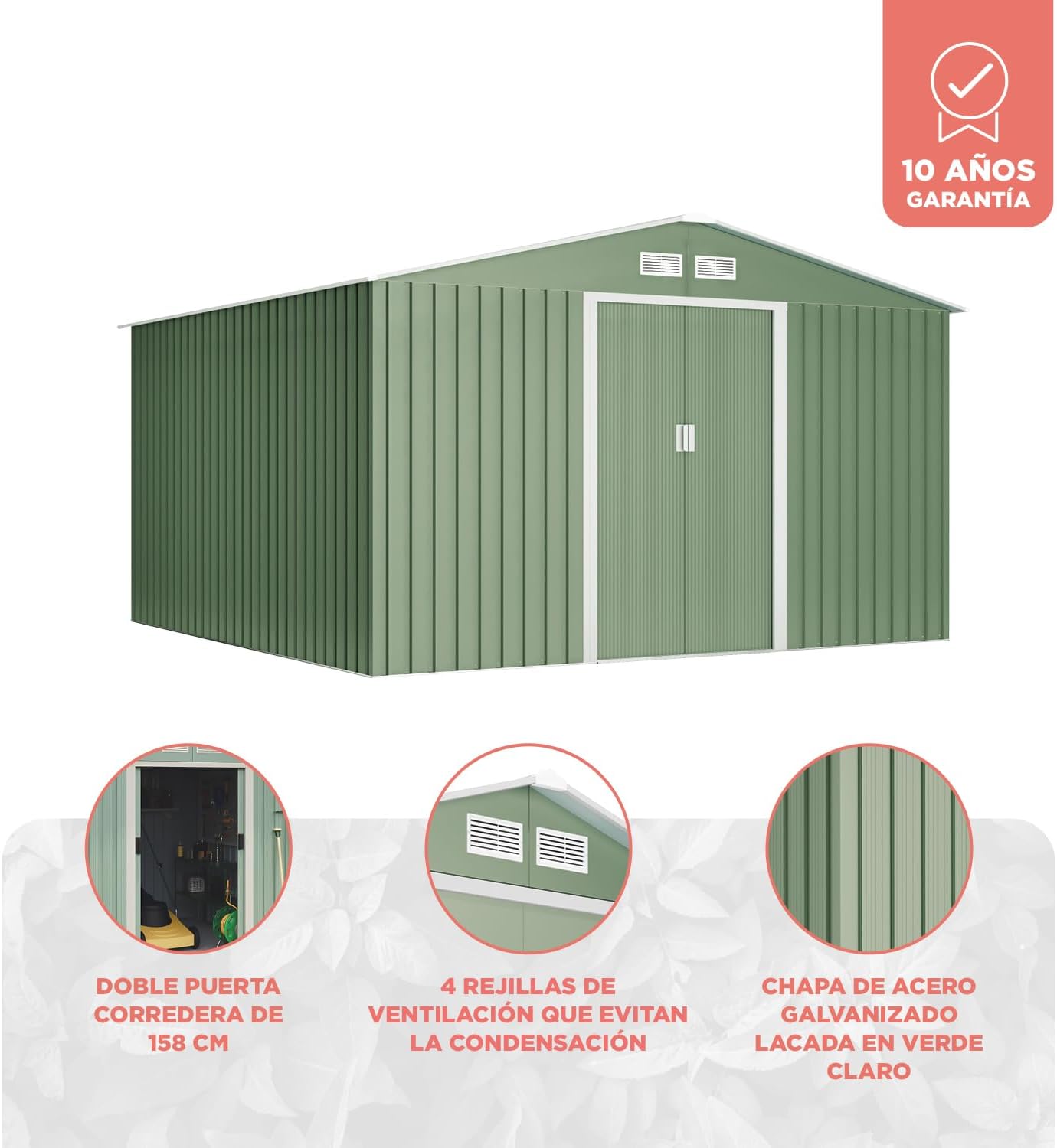 Wasabi - abri de jardin métal - 10,2m2 - double porte coulissante, grilles de ventilation