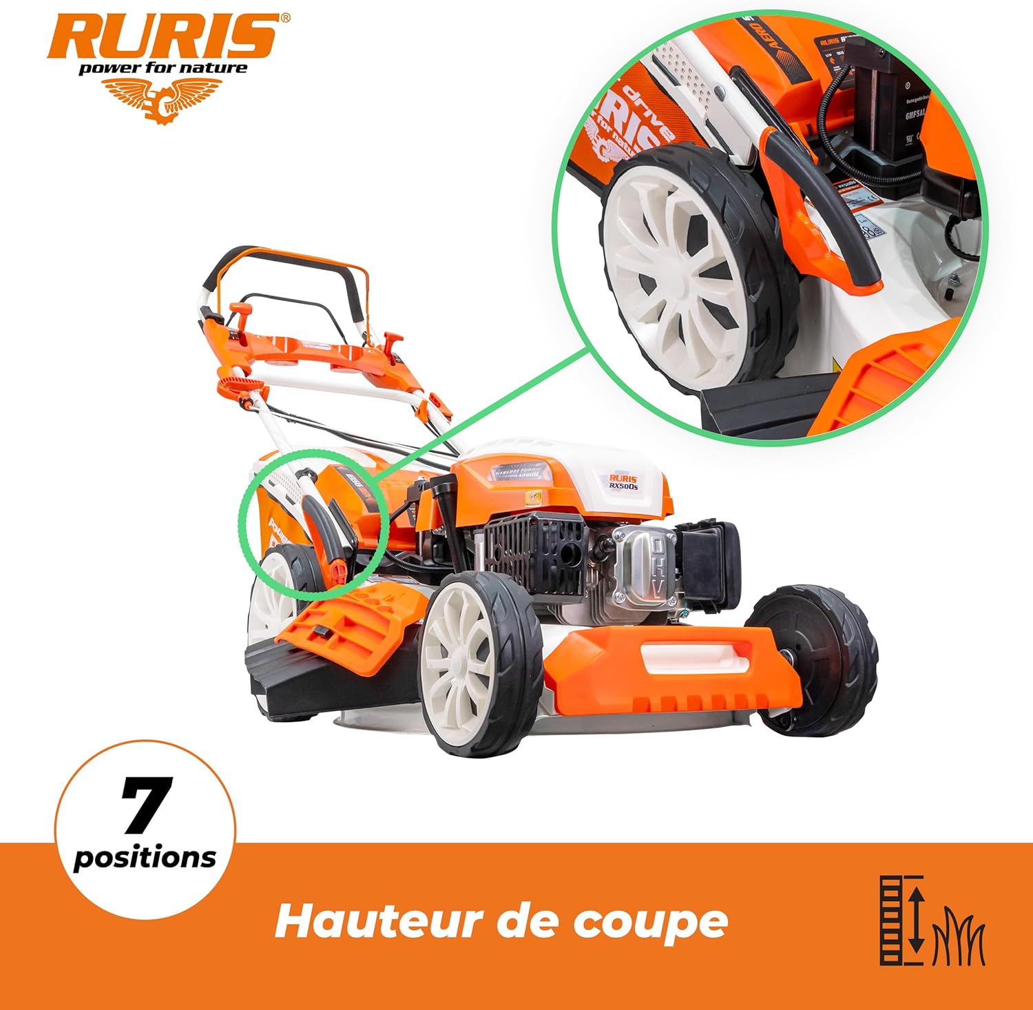 RURIS POWER FOR NATURE Tondeuse à Gazon Thermique 5 en 1 Mulching 5,7 CV 196cc RX500S, Orange