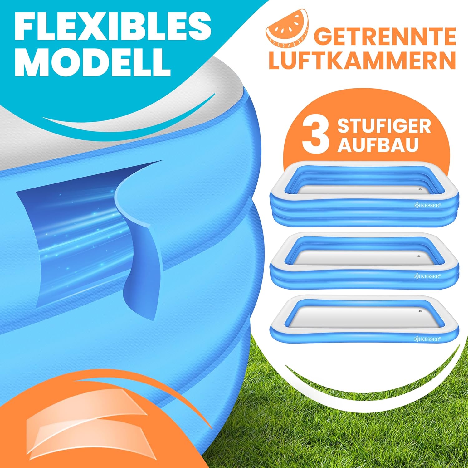 KESSER - Piscine familiale rectangulaire 240x142x56cm, 613L, trous drainage